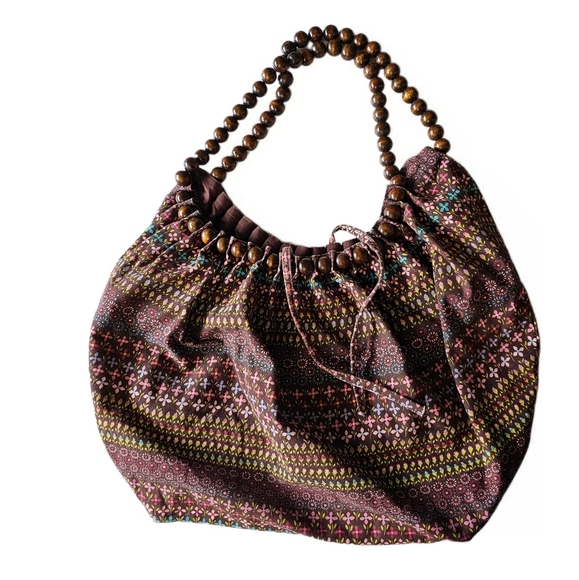 Bohemian Beaded Handle Brown Patterned Women's Wimsical Bag - Picture 1 of 6